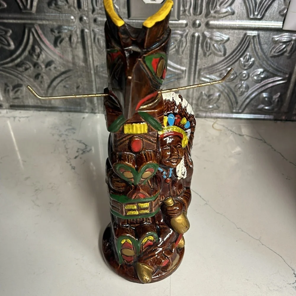 Vintage Totem Pole & Drunk Indian Ceramic Liquor Decanter 10.75
